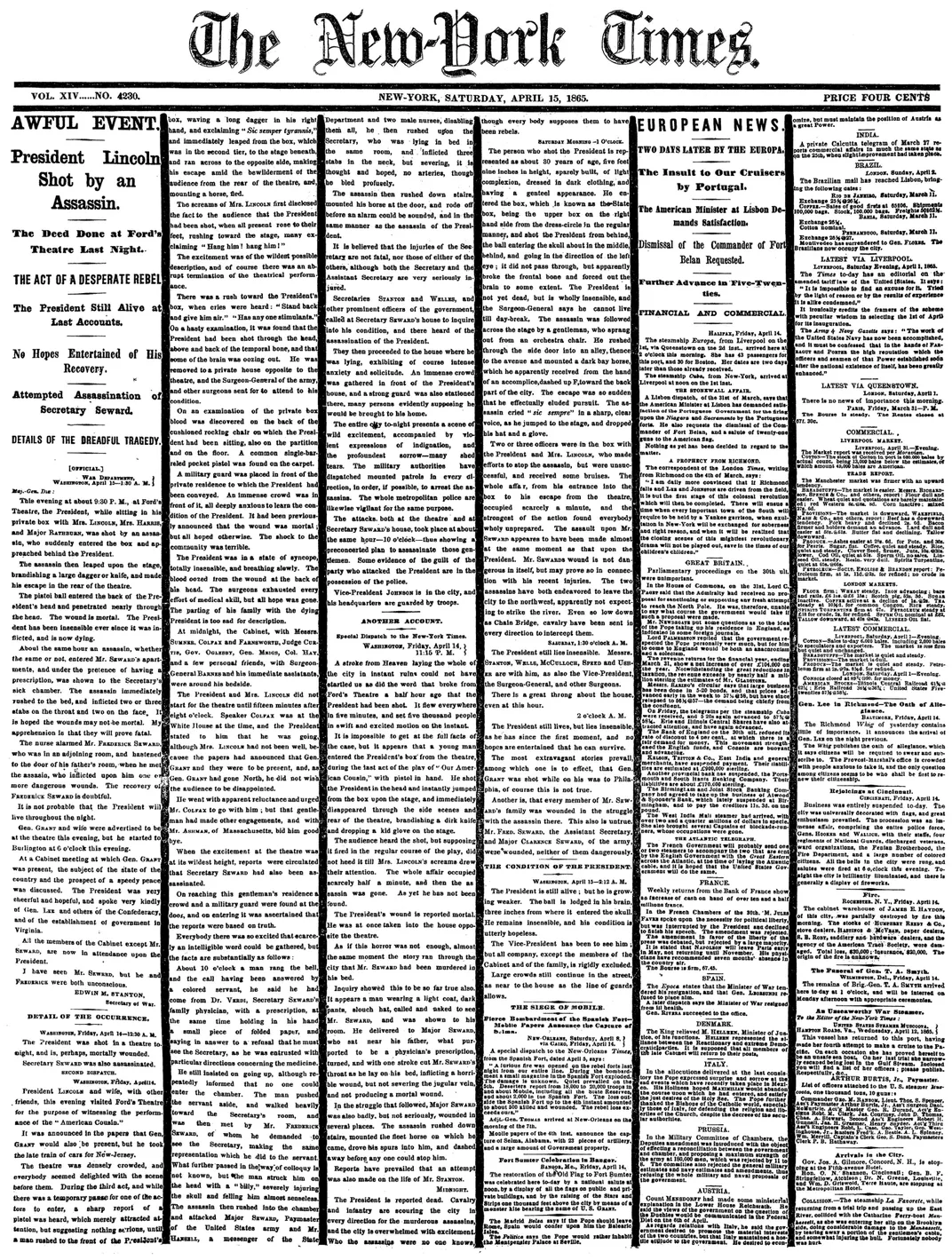 The April 15, 1865, issue of the New York Times announcing that President Lincoln had been shot by an assassin