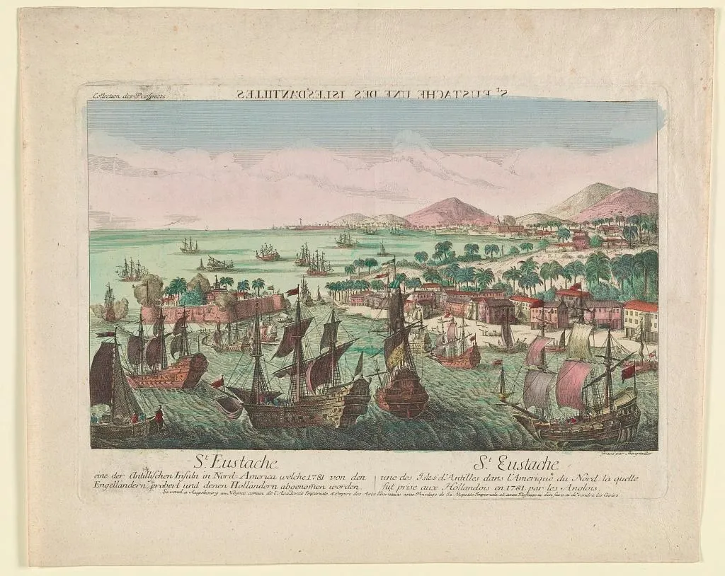 A color print of an aerial view of a coastline, green and dotted with palm trees and a volcano in the distance. The harbor is full of attacking ships