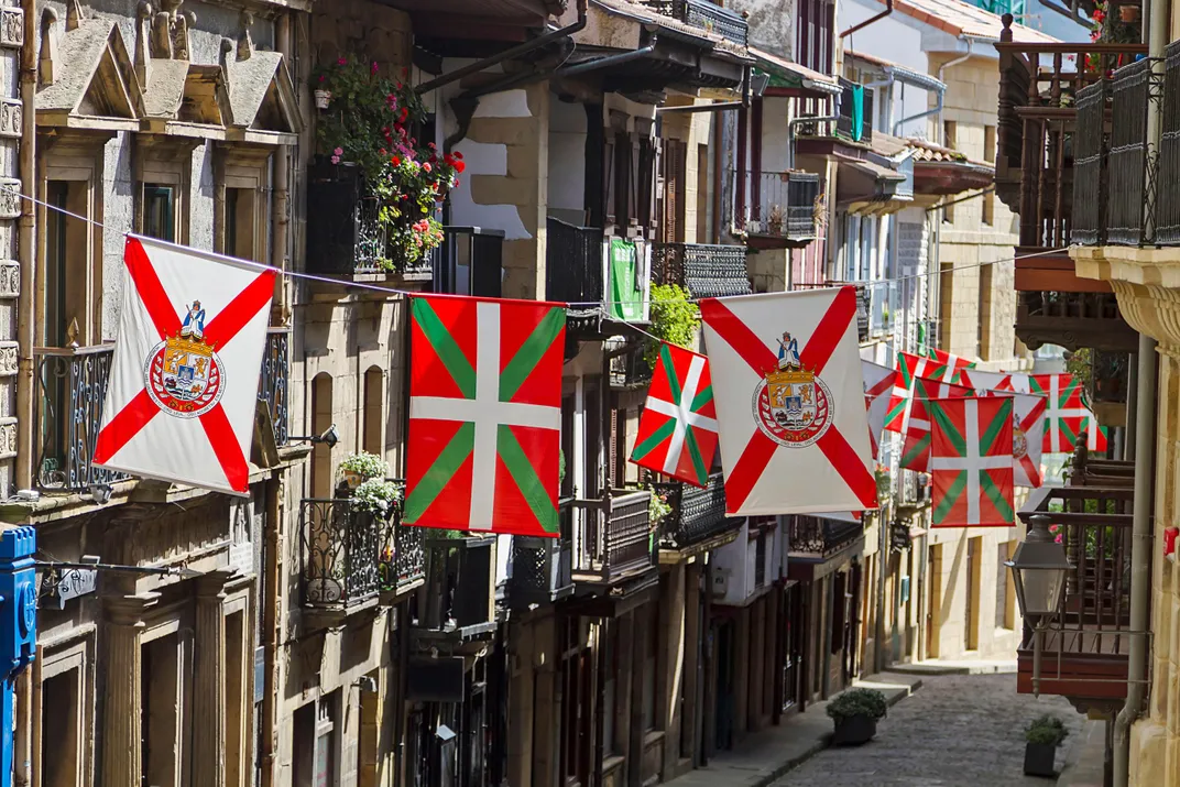 Flag-lined street in Hondarribia