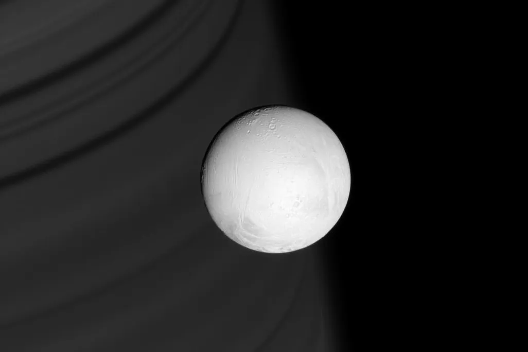 Saturn's white, icy moon Enceladus, with Saturn in the background