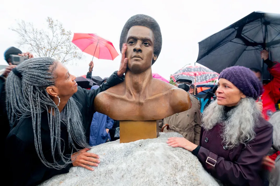 Fredrika (left) and Dana King (right) at the unveiling of a bronze sculpture honoring Huey in October 2021