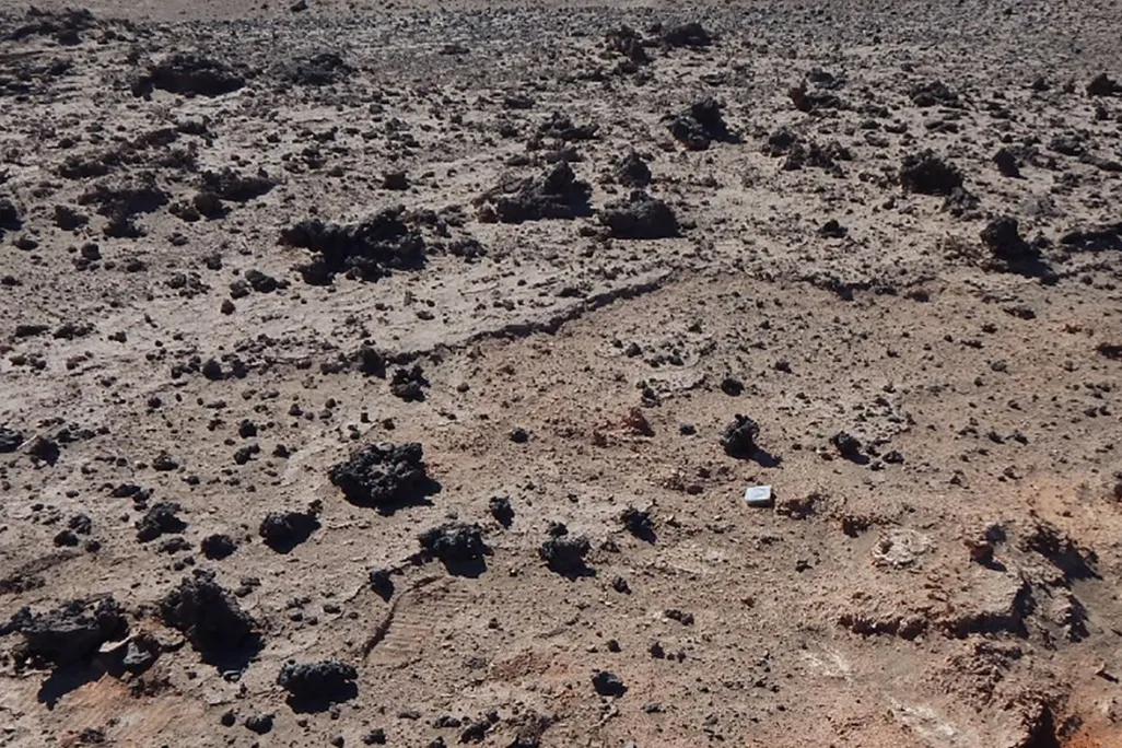 An image of a desert landscape littered with various dark colored rocks.