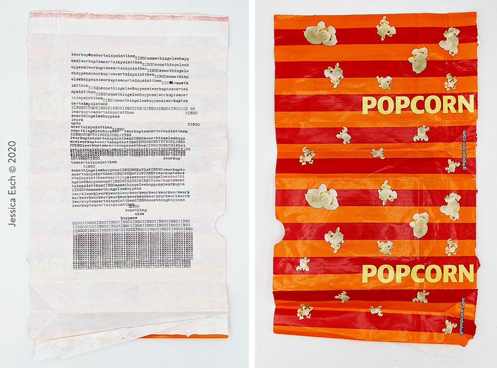 Front of artwork made from typewritten text next to image of the back of the artwork with a orange and pink background with pictures of popcorn and yellow text reading popcorn