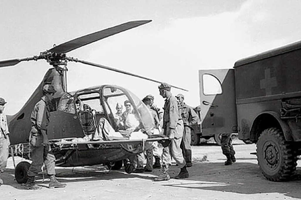 For the wounded on Luzon in 1945, the Sikorsky R-6A transport doubled as an ambulance.