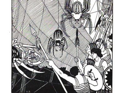 Lucian's space travelers witness a battle between the forces of the Sun and the Moon, which includes outlandish creatures like three-headed vultures and space spiders. 