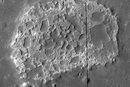 Ina, an unusual depression about 3 km across near the center of the near side of the Moon. The smooth areas appear to lie on top of the rough surface; analysis of this feature suggests an age of about 30 million years, astonishingly young in lunar terms.