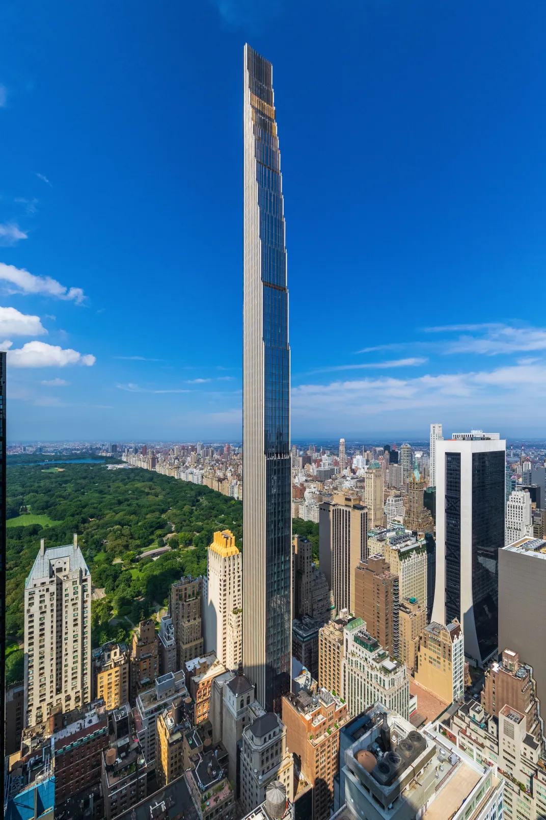 A vertical shot of the very skinny Steinway Tower