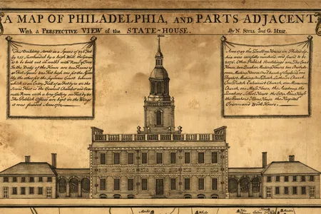 Detail of north elevation of Pennsylvania State House (Independence Hall), from 1752 map of Philadelphia, Pennsylvania.