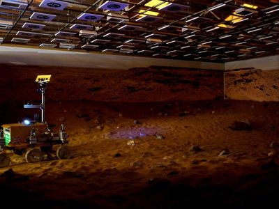 Bridget the rover, driven by Tim Peake from Earth orbit, pokes around a “cave” outside London