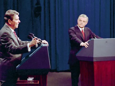 After Ronald Reagan stumbled through his answers and closing statement at the first presidential debate in 1984, Walter Mondale closed the gap in the polls. This photo was taken at the second debate two weeks later.