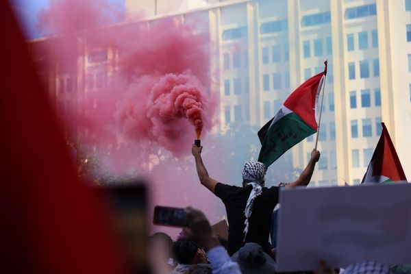 Canister of colored smoke over crowd of demonstrators thumbnail