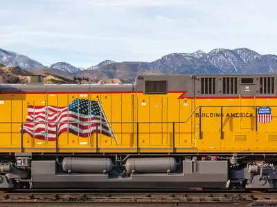 A Union Pacific locomotive makes its way through Cajon Pass in Southern California. The &ldquo;Building America&rdquo; slogan is not just puffery: Union Pacific is the nation&rsquo;s largest railroad, and was also one of the original companies responsible for constructing the transcontinental railroad in the 1860s.