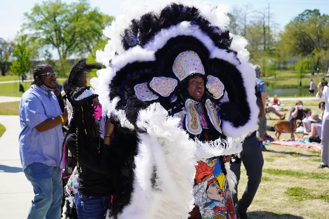 Big Chief Derrick Hulin, also known as Big Chief Uptown, of the Golden Blades in his Mardi Gras Indian suit