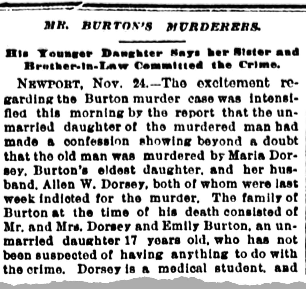 The Sun’s story on Emmie (referred to as Emily) revealing that her sister and brother-in-law murdered her father, published on November 25, 1885