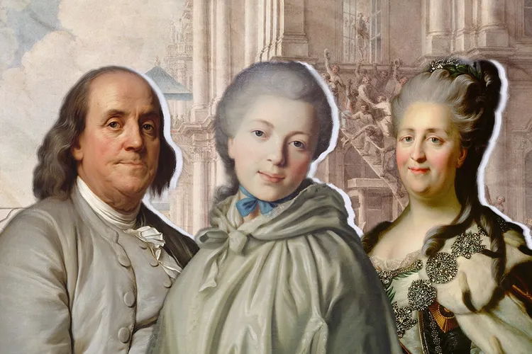 An illustration of Benjamin Franklin, the Princess Dashkova and Catherine the Great