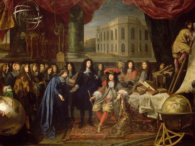 Patrons of the sciences once offered cash prizes, exotic pets and even islands for world-changing discoveries. Here, Louis XIV surveys the members of the Royal Academy of Sciences in 1667.  