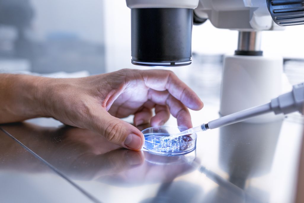 Hand holding a petri dish under a microscope in a lab