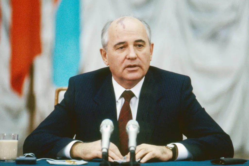 Mikhail Gorbachev speaking at a public engagement in the Soviet Union