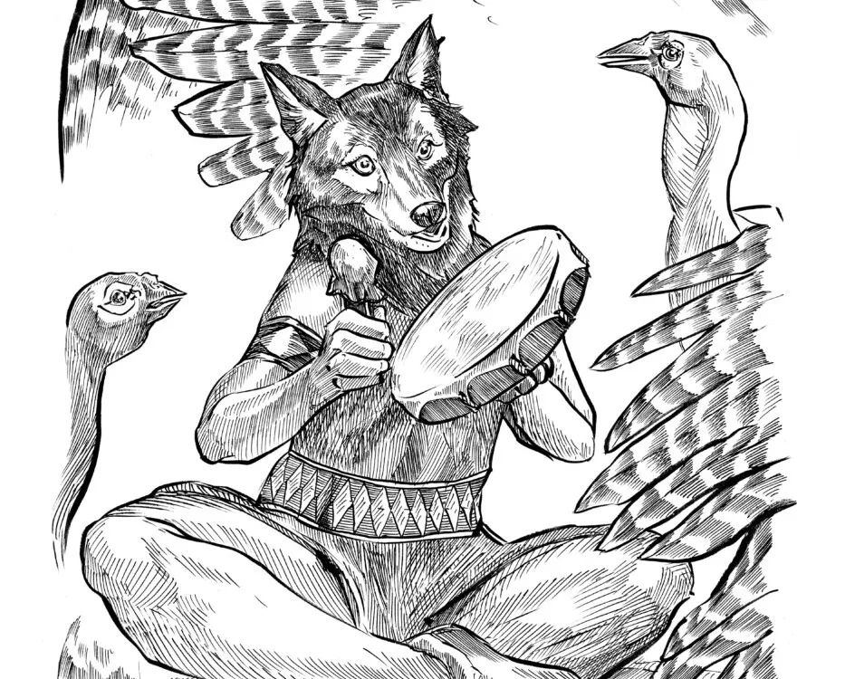 Coyote and Turkeys Illustration