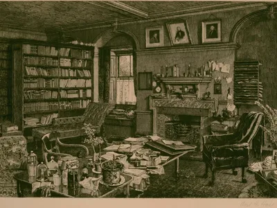 An etching of Darwin&#39;s study, commissioned a week after he died.