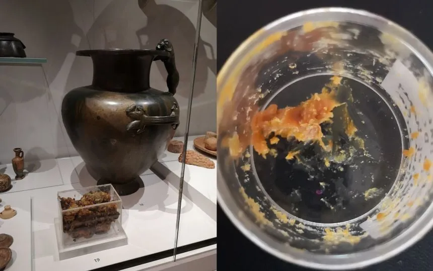 Bronze jar next to sticky substance in scientific container