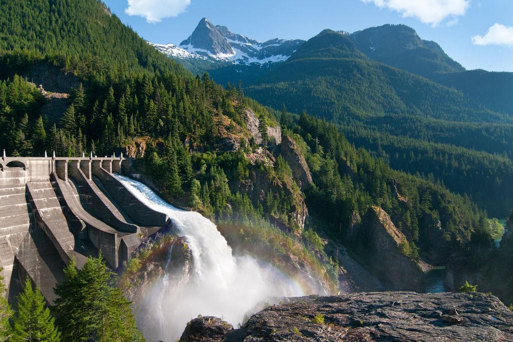 View of the Skagit River, with the Diablo dam (completed in 1930) visible