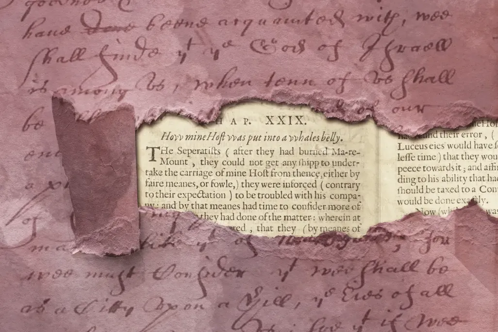 A GIF of a paper with "a church upon a hill" speech unfurling over a page from Thomas Morton's "New Canaan English"
