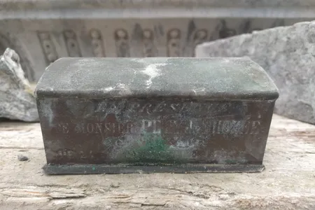 The rusted metal casket that holds the preserved heart of Pierre David (1771-1839), former mayor of Verviers