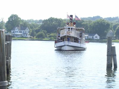 The Sabino sailing into port in 2005. The steamboat still carries museum-goers on tours of the Mystic River.