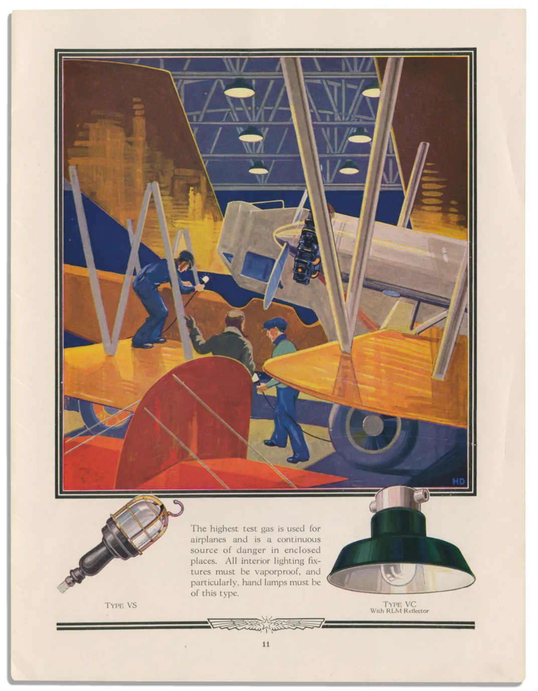 illustrated ad for airplane lights with rich yellow and blue-purple colors