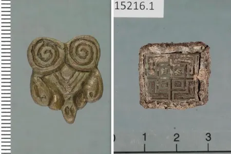 Artifacts found at the site include jewelry from Asia (left) and an inscribed weight possibly imported from Ireland.
