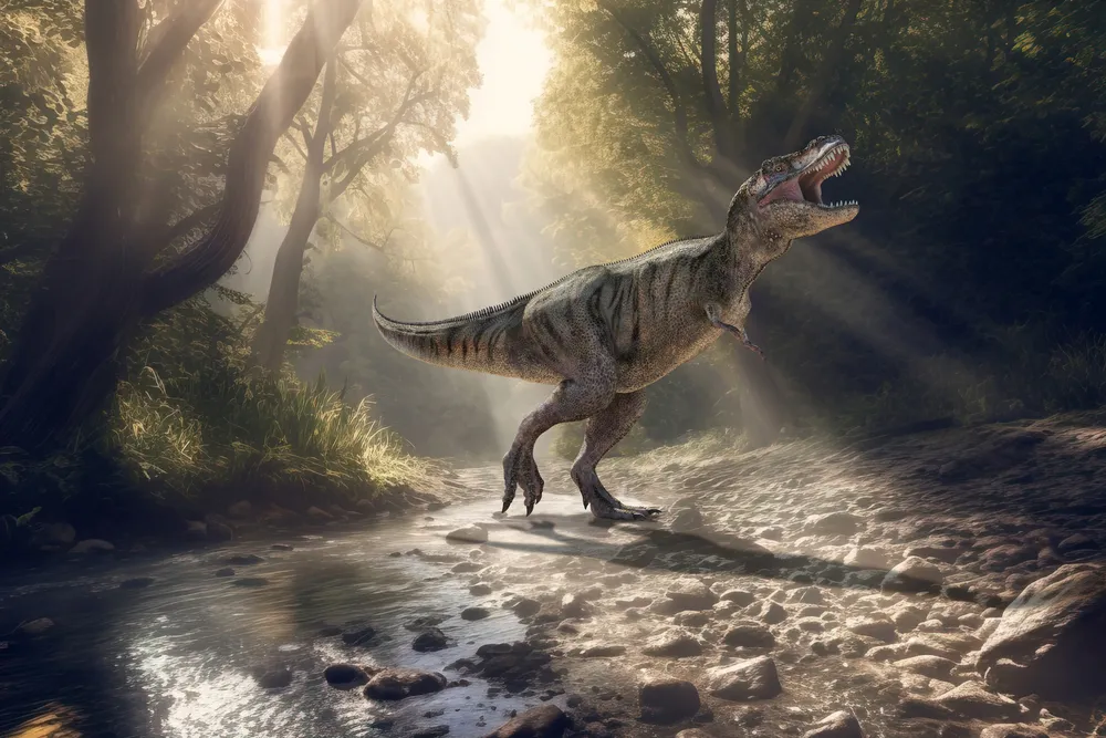 an illustrated T. rex stands and roars in a misty forest