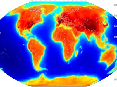 A map of antineutrinos leaving Earth, where blue is less activity and red more