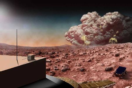 An artists' conception of a dust storm on Mars. New research may explain why the truly massive dust storms seem to occur irregularly on the Red Planet.