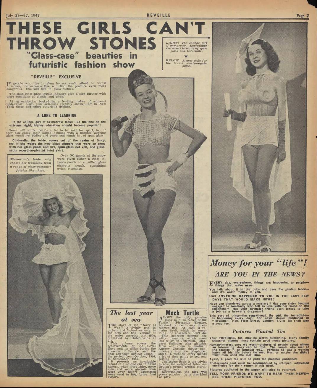 A 1947 newspaper article about a "futuristic fashion show" featuring glass-based designs