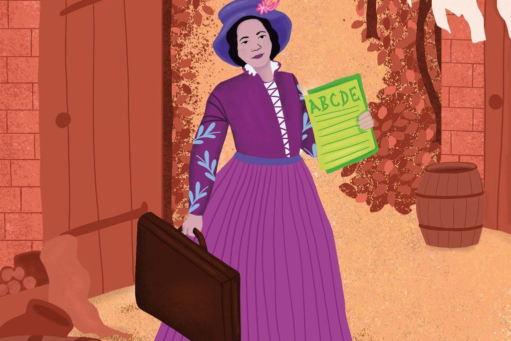 an illustration of a woman in a purple dress holding a green book in one hand and a brief case in the other