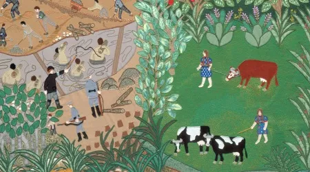 Esther Nisenthal Krinitz' fabric depiction of pasturing livestock next to a Nazi labor camp in Poland
