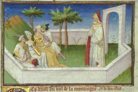 A European depiction of Hasan Sabbah, an 11th-century leader of the Nizari Ismailis, and his followers in a garden paradise