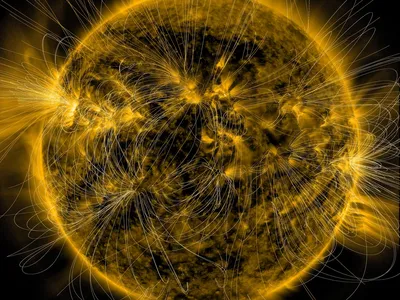 An illustration of the sun&#39;s magnetic fields overlaid on an image of the sun captured by NASA&#39;s Solar Dynamics Observatory in 2016.