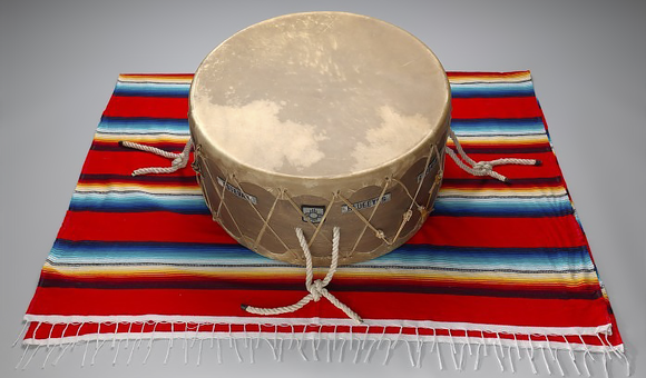 Drum used by Native American soldiers during Operation Iraqi Freedom, 2007 and 2008. 27/167. The drum was also used in a Cheyenne Soldier Dance held for Cody Ayon (Southern Cheyenne) in 2010 when he returned to the United States. Mr. Ayon gave the drum to the museum in 2018. (National Museum of the American Indian)