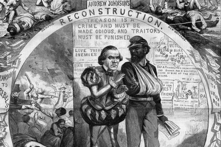 The cartoon by Thomas Nast shows the battles between President Johnson and Congress over Reconstruction. 
