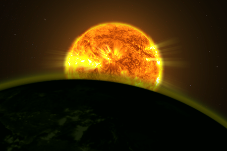 This illustration shows a star's light illuminating the atmosphere of a planet.