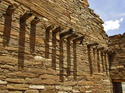 Timber beams extend through a wall of Pueblo Bonito, the largest of the Great Houses in Chaco Canyon.