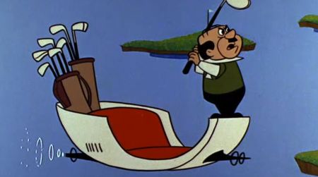 Mr. Spacely takes a swing from his flying golf cart (1962)