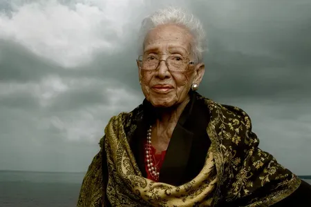 Posed in Hampton, Virginia, Katherine Johnson stands before a backdrop of gathering clouds, "symbolic of the obstacles ... that she had to face in her career," says curator William Pretzer.