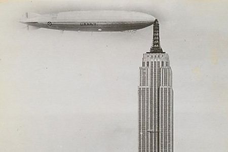 The dirigible Los Angeles "docking" at the Empire State Building. The composite 1930 photograph is from the Metropolitan Museum of Art's traveling exhibition, "Faking It: Manipulated Photography before Photoshop."