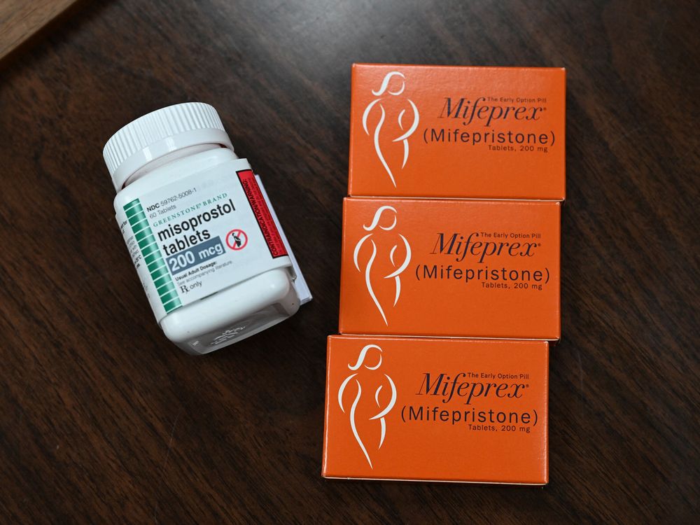 Three boxes of mifepristone and one bottle of misoprostol, the two drugs used in medication abortion.