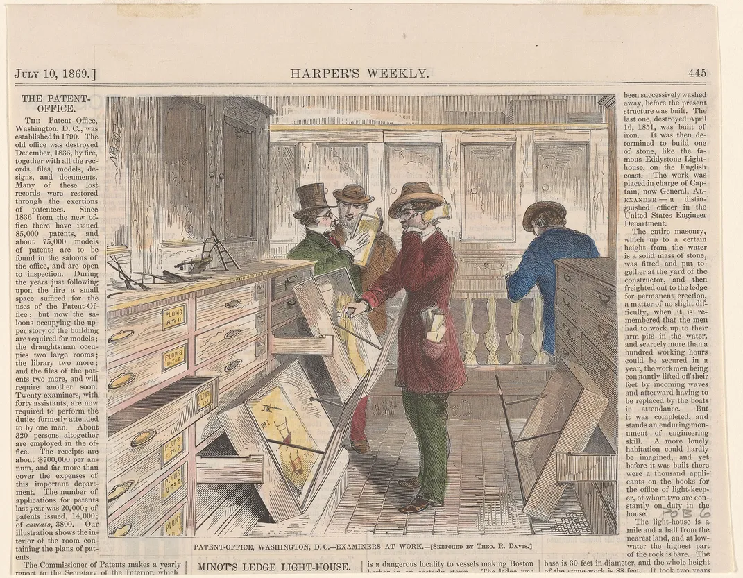 An 1869 engraving of Patent Office examiners at work