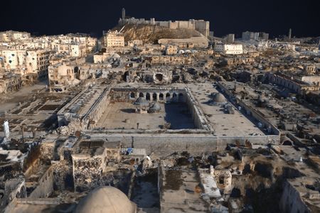 The exhibition presents the possibility that 3-D models (above: a digital rendering of Aleppo following the 2012 civil war in Syria), and the information extracted from them can be used for future restoration projects.