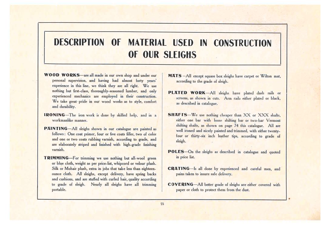 Description of materials used in Sturtevant-Larrabee sleighs